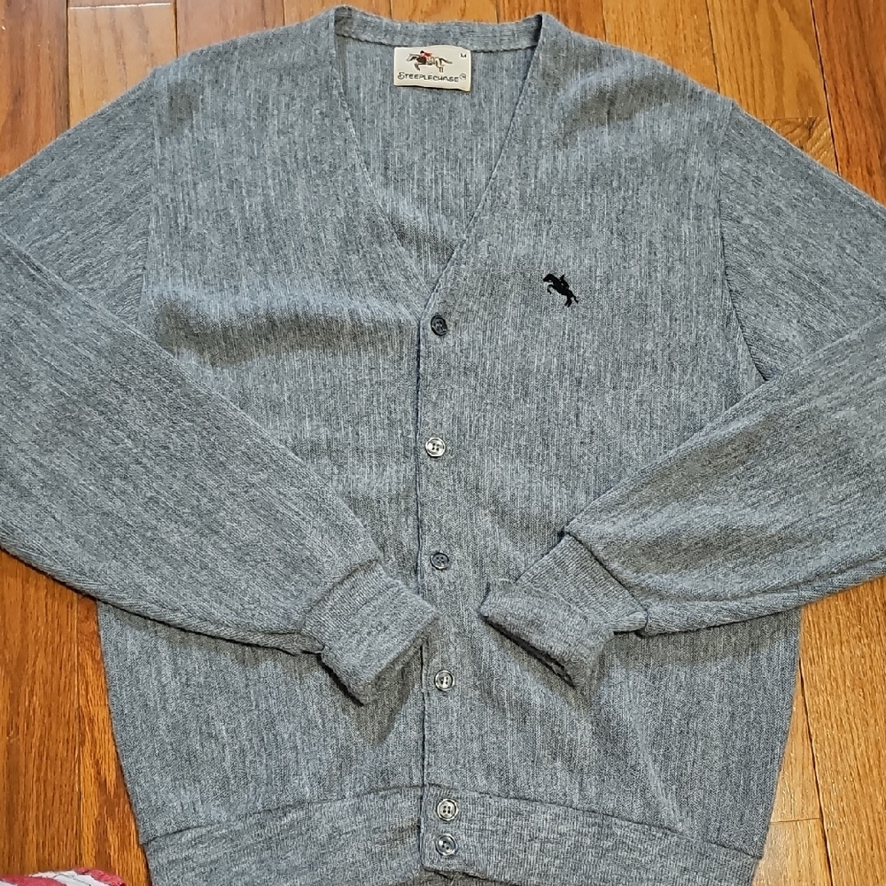 Vintage Mens Steeplechase Wool Gray Cardigan Sweater- Medium
